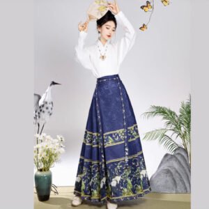 Women's Traditional Chinese Tang Suit Horse Face Skirt with Airplane Sleeve Top Daily Improved Collar for All Four Seasons